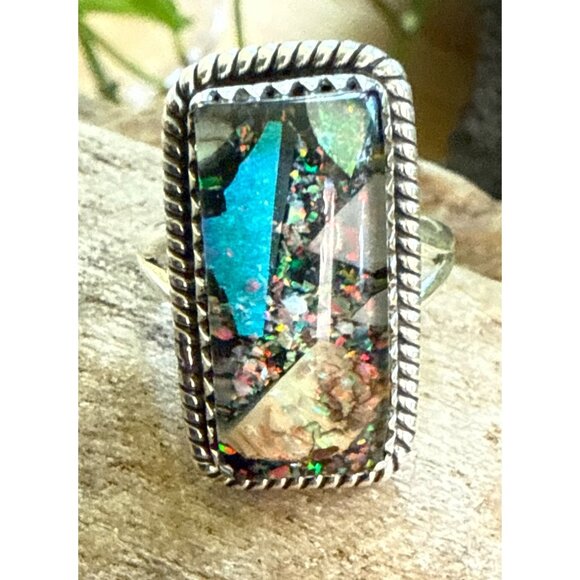 Sterling Silver Rectangular Monarch Opal Ring Size 10 - Picture 1 of 7